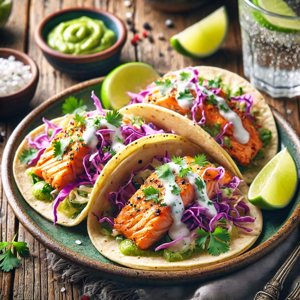 Salmon Tacos with Cabbage and Lime Crema